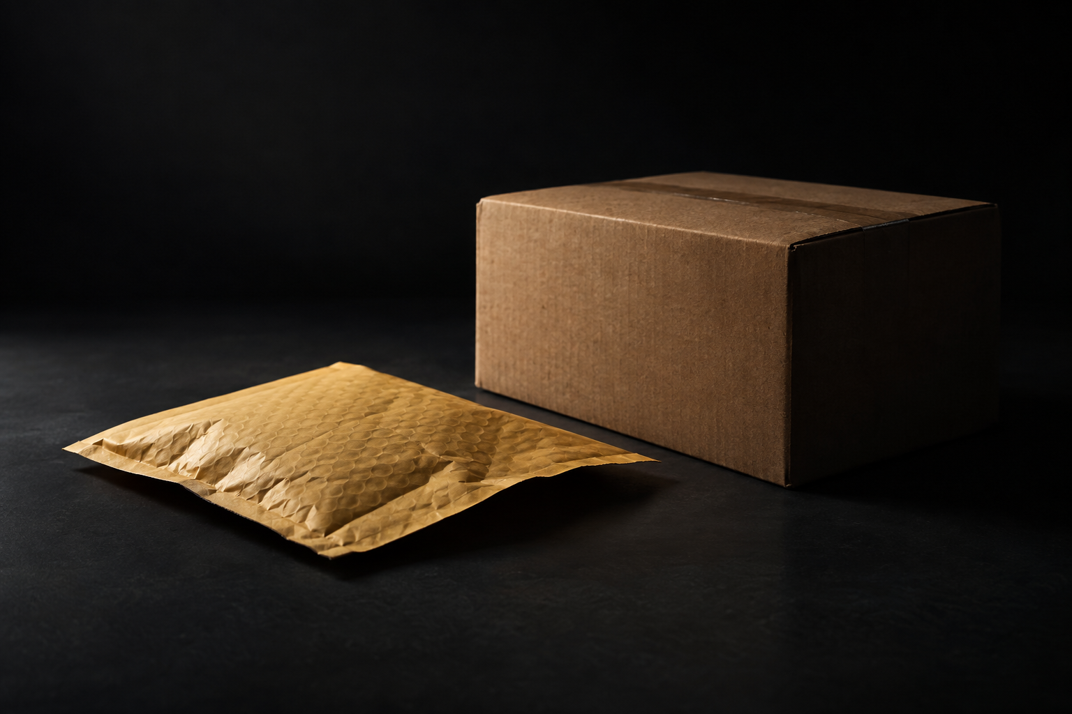 A flat padded mailer next to a sturdy cardboard box filled with protective cushioning, contrasting the two options
