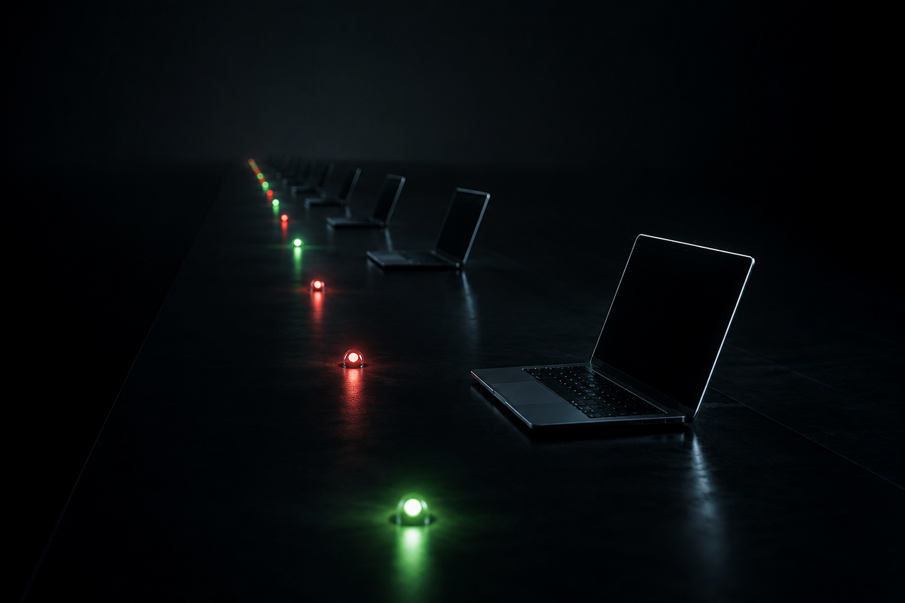 A dark timeline of glowing dots and faint laptop silhouettes receding by year, some dots red and some green