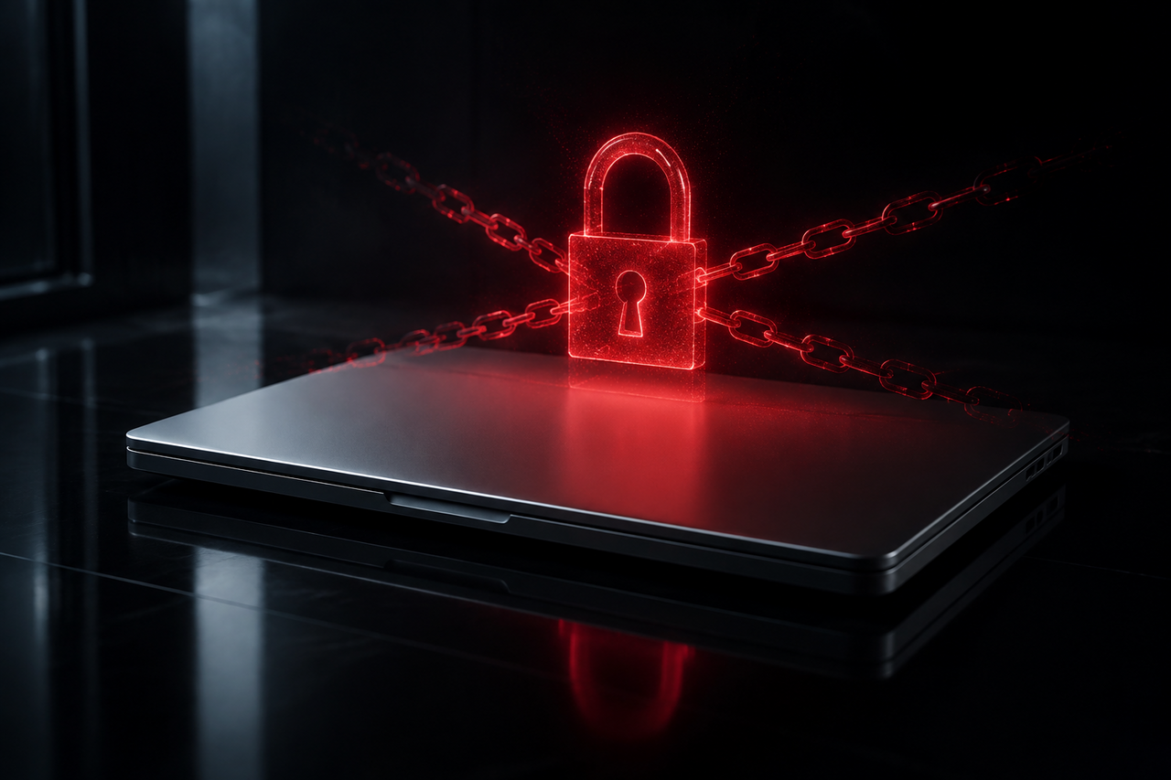 A closed aluminum laptop on a dark surface with a small padlock resting on its lid