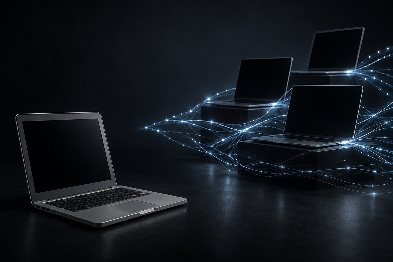 An older MacBook in shadow while a glowing neural network of light passes it by and connects only to newer machines