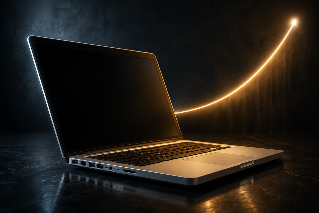 An older MacBook on a dark surface glowing warmly as if newly valuable, a faint rising price arc of light behind it