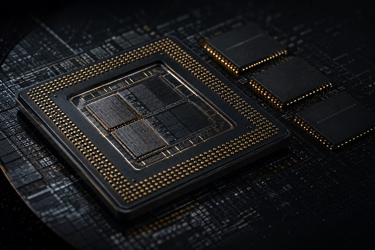 Macro shot of a processor package with memory chips mounted directly on the same substrate