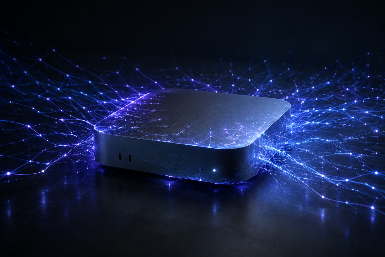 Studio shot of a small aluminum Mac desktop glowing softly from within on a dark background