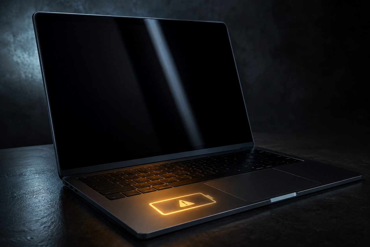 Studio still life of a slim black laptop battery pack on a soft gray surface