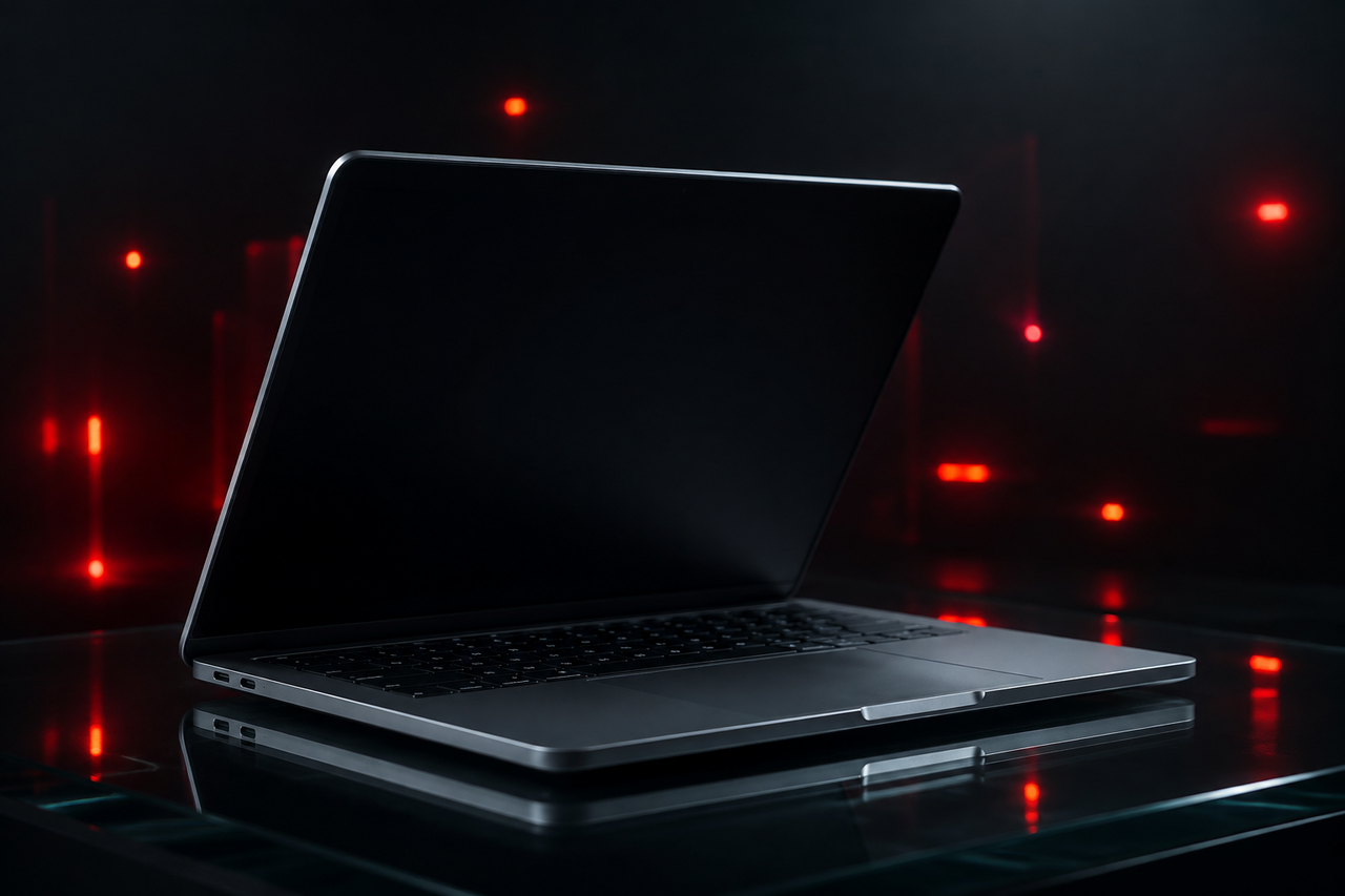 A sleek modern MacBook on dark glass surrounded by faint floating red warning glimmers of light