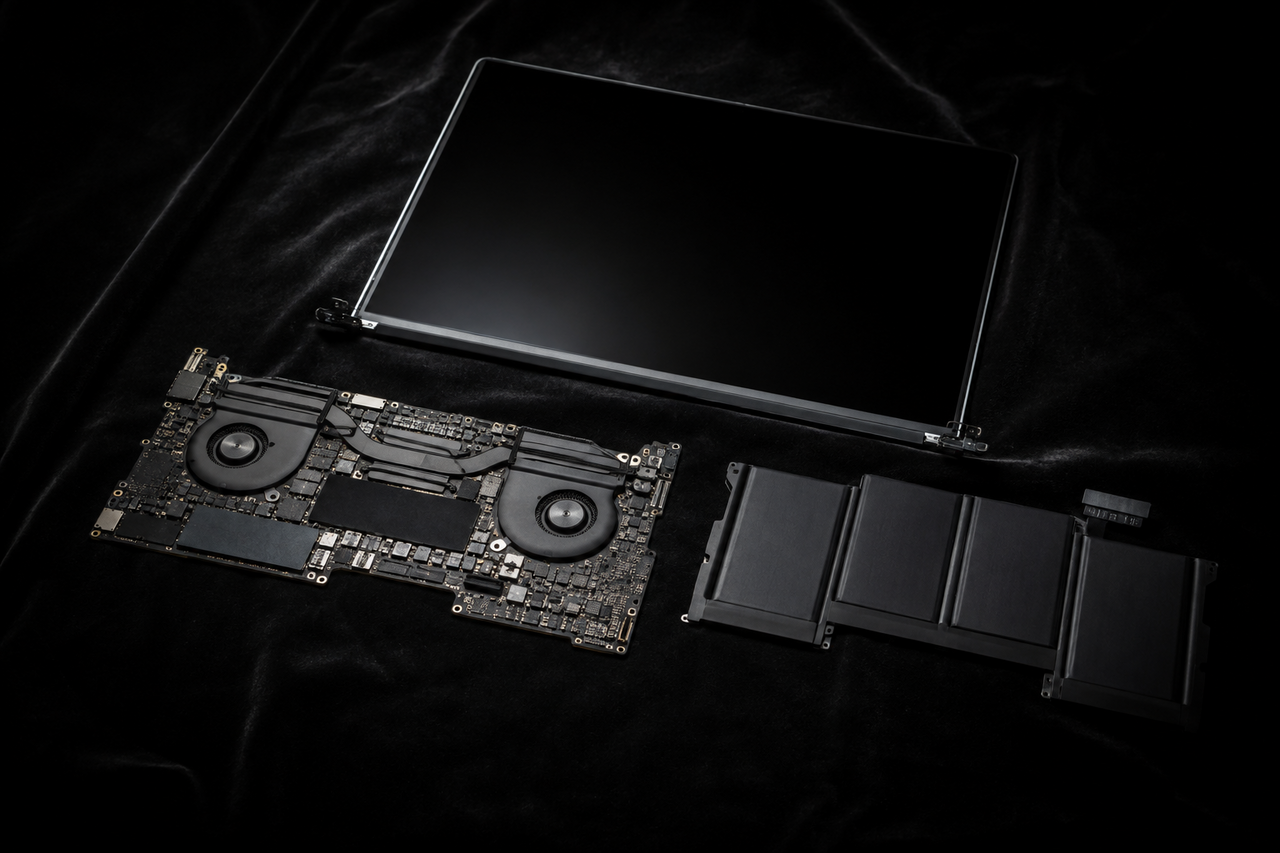 A disassembled laptop logic board and internal components arranged on a dark repair mat under cool light