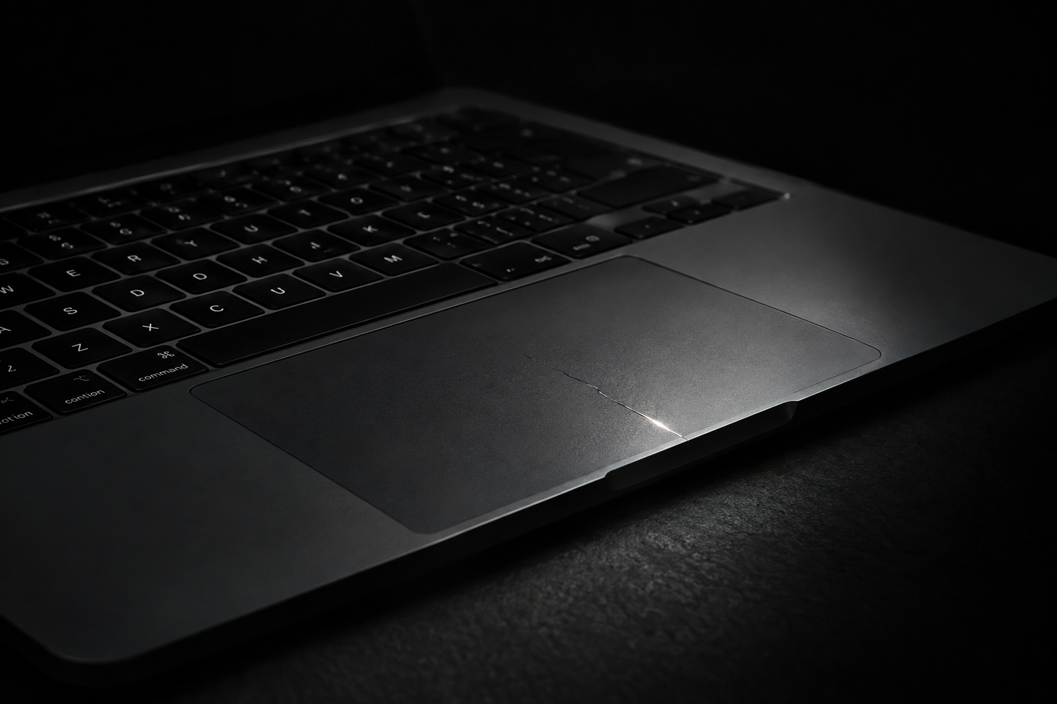 Close-up of an opened laptop's keyboard and trackpad area on a repair bench with a small screwdriver