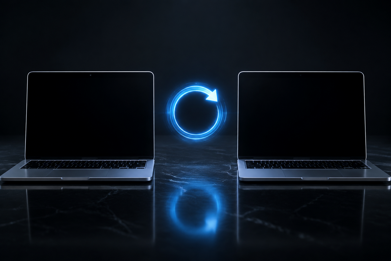 Two processor chips side by side on a dark surface, one lit cool blue and the other warm amber