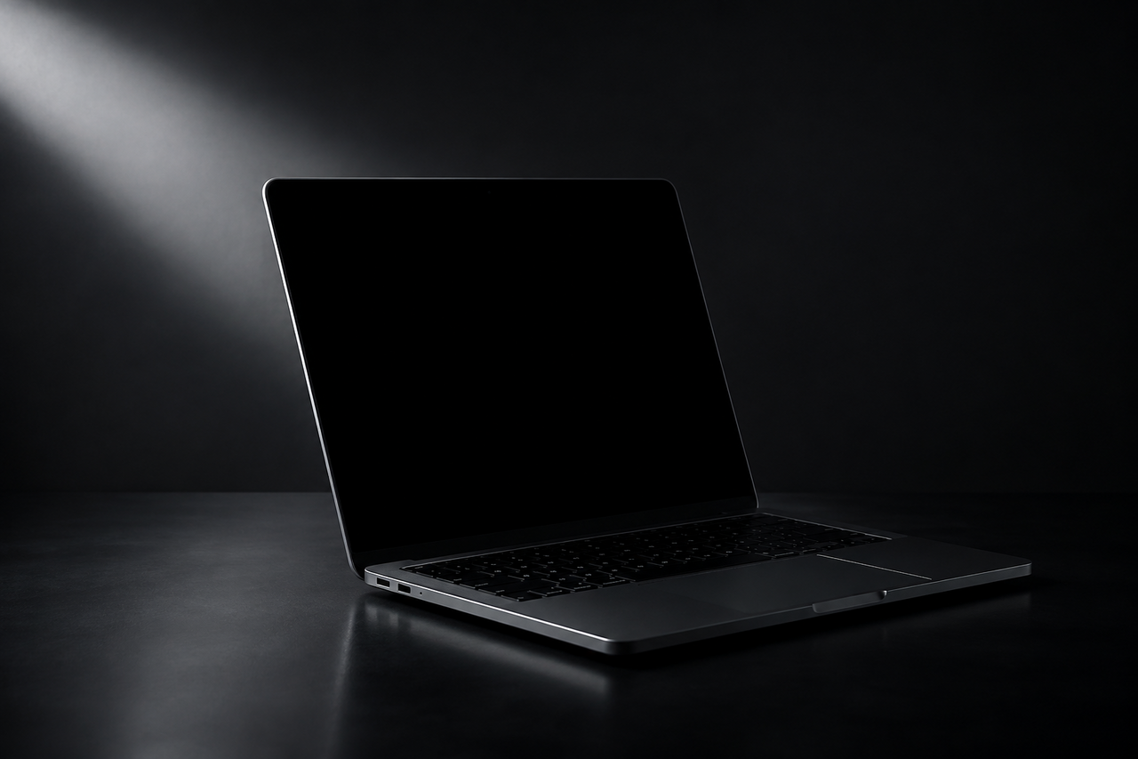 A single MacBook on a clean dark surface lit by one gentle guiding beam of light, approachable first-step mood