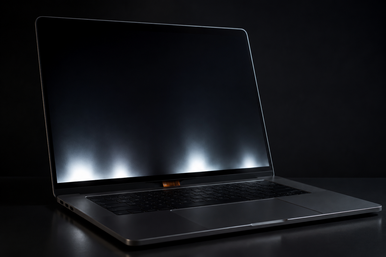 An open MacBook Pro in the dark, its screen showing an uneven bright stage-light band glowing along the bottom edge, a thin ribbon cable…