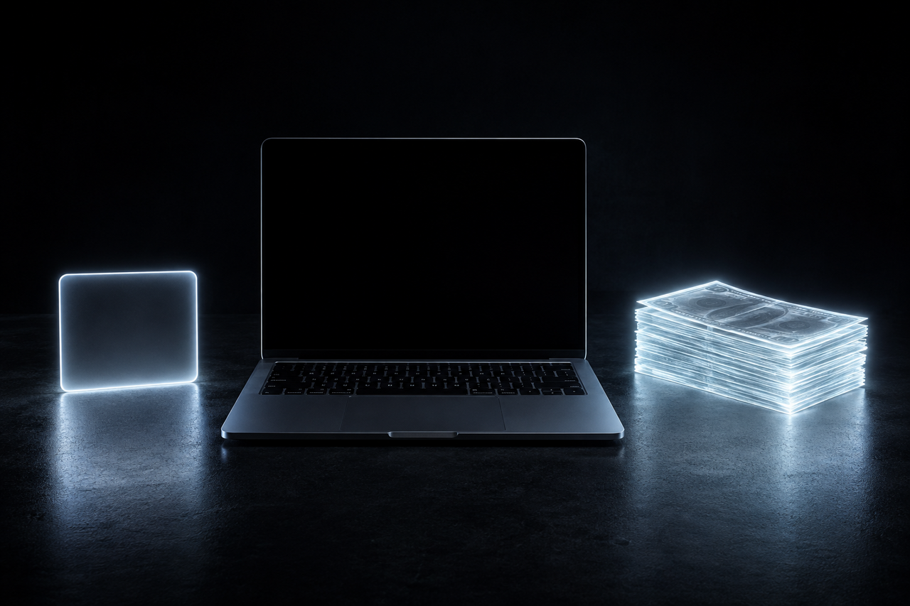 A glowing gift card and a stack of luminous cash of light on opposite sides of a dark surface with a MacBook between them