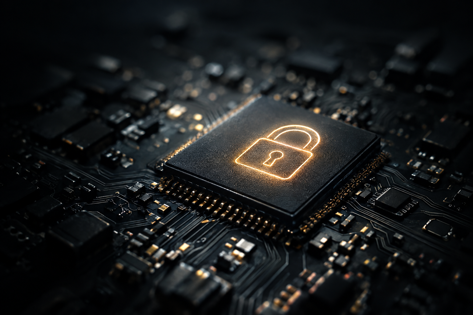 Close-up of a security chip on a laptop logic board under cool, low-key lighting