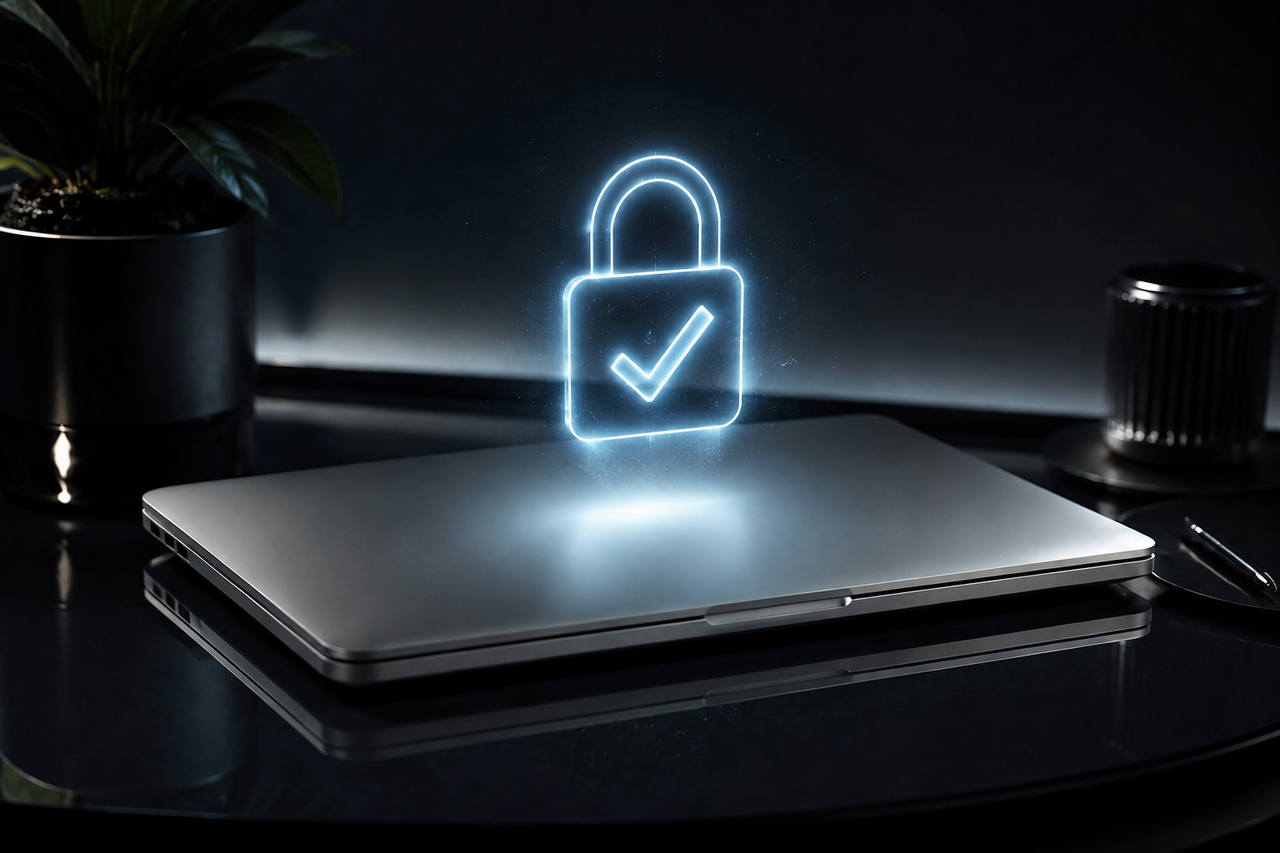 A closed MacBook on dark glass with a glowing padlock-and-checkmark of light hovering above the lid