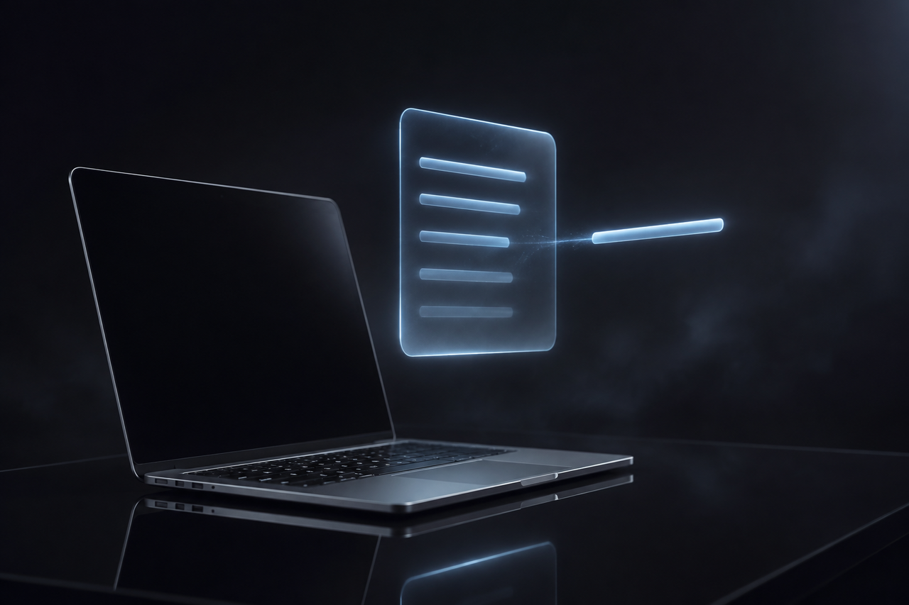 A MacBook on dark glass with a glowing device-list card of light and one entry gently detaching