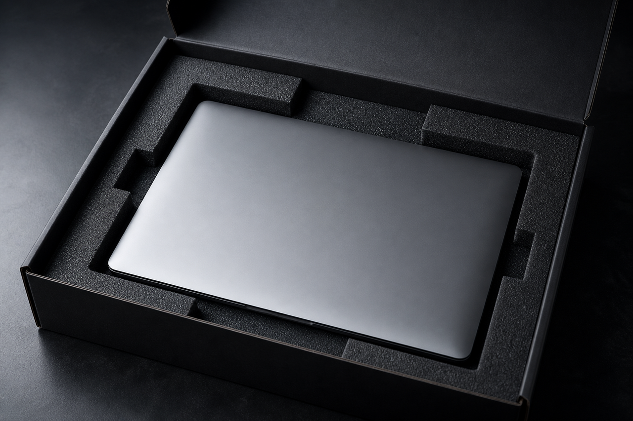 A MacBook nestled in protective foam inside a shipping box on a dark surface under soft light