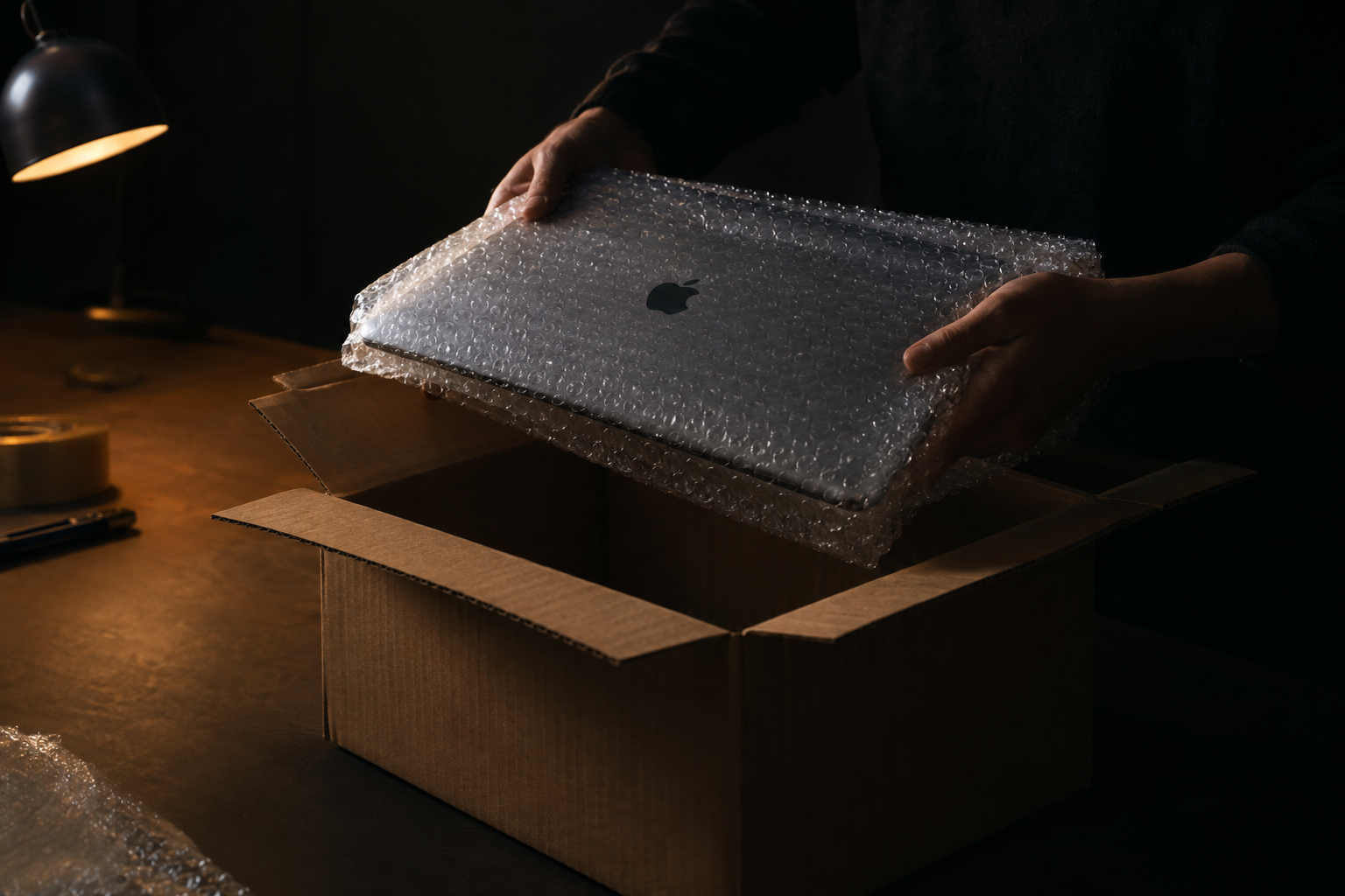 A bubble-wrapped laptop being placed into a cardboard box padded with cushioning on all sides