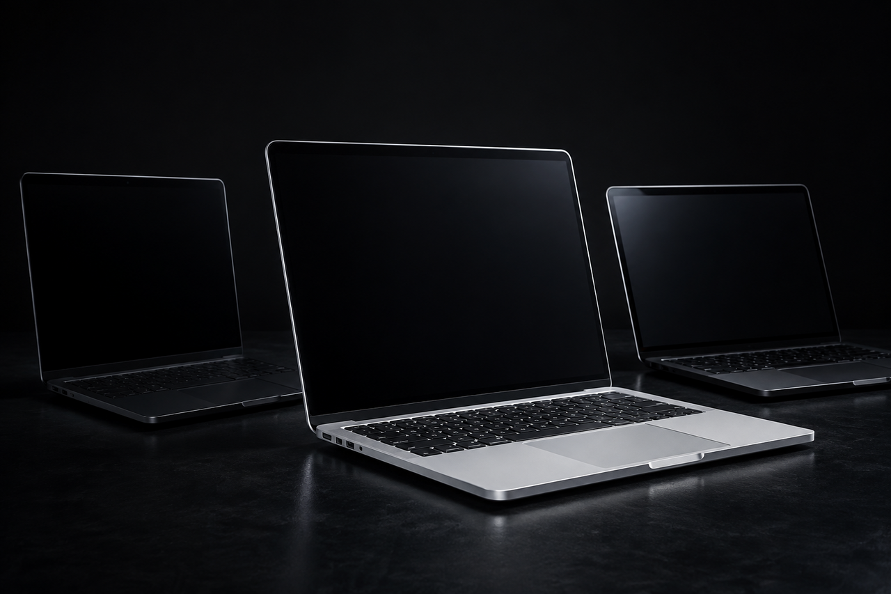 An aluminum laptop flanked by two rival laptops on a dark surface, the aluminum one lit to show rigid unibody edges