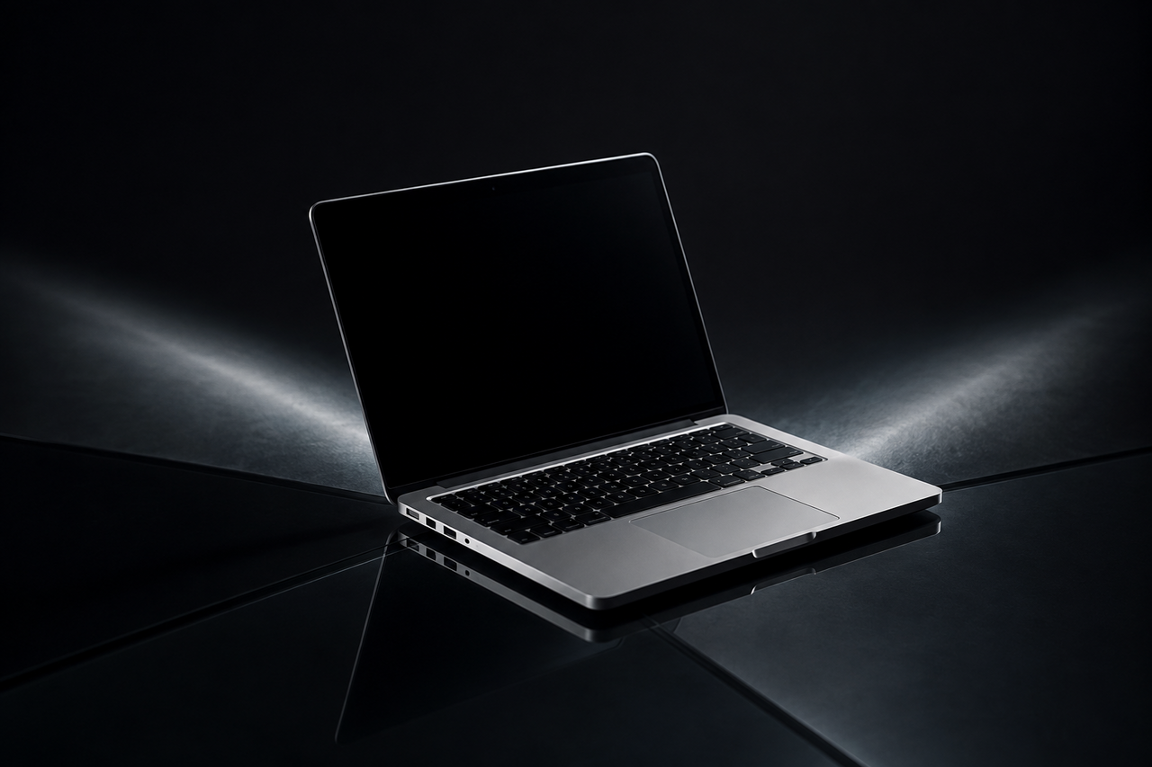 An older MacBook on dark glass at a crossroads of two diverging beams of light