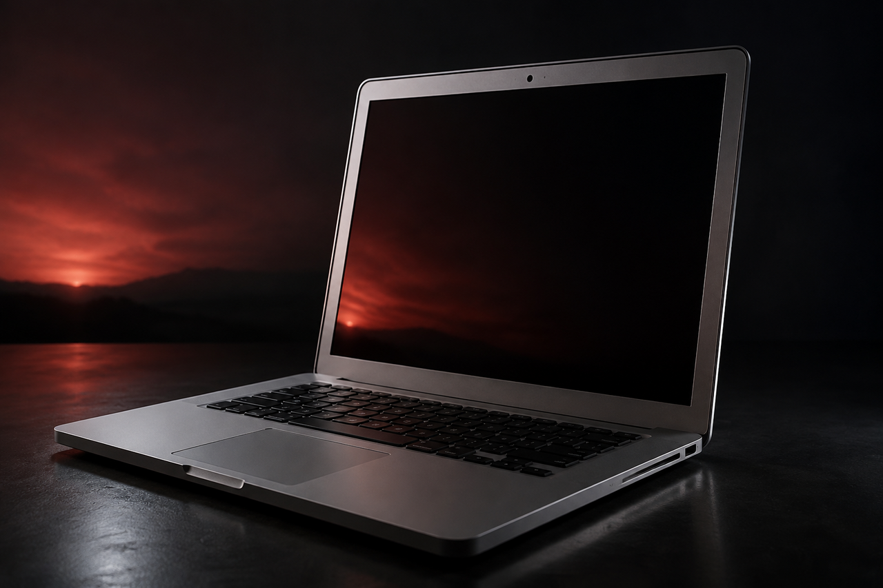 A closed silver MacBook resting at the edge of a gray surface fading into shadow