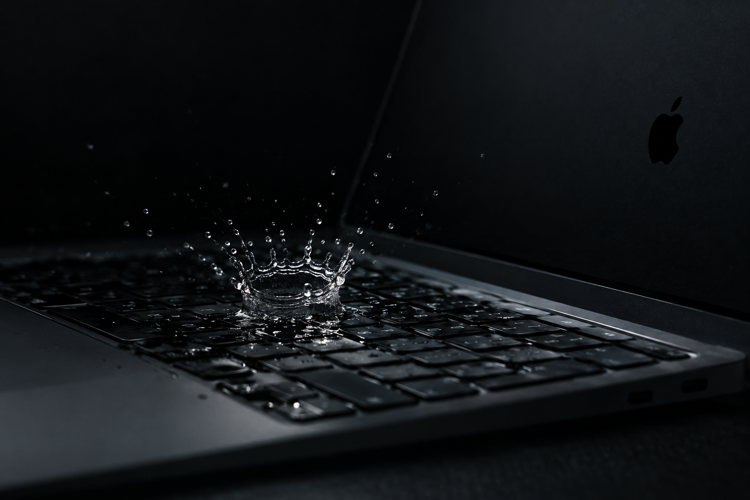 Extreme close-up of a water droplet on the edge of a laptop keyboard against a dark background