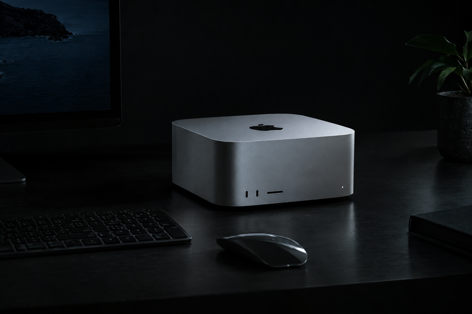A small square aluminum desktop Mac on a soft gray studio background