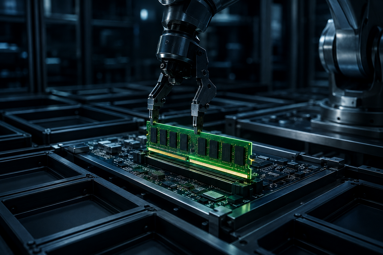 Close-up studio shot of DDR5 memory modules in dramatic low light