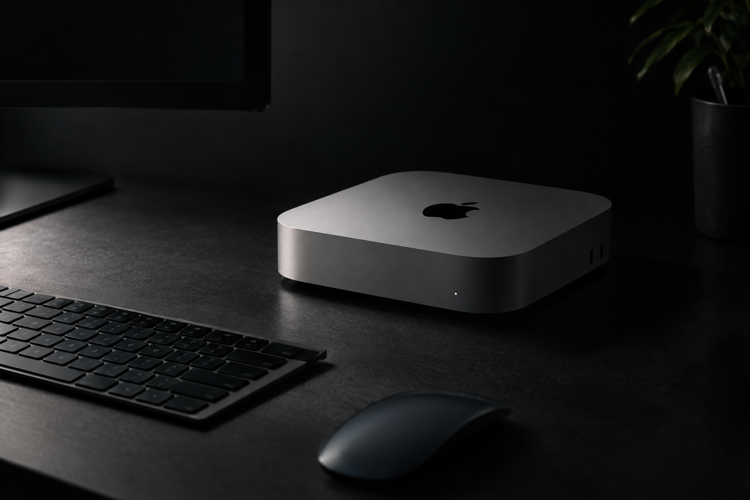 A small square aluminum desktop computer on a soft gray studio backdrop