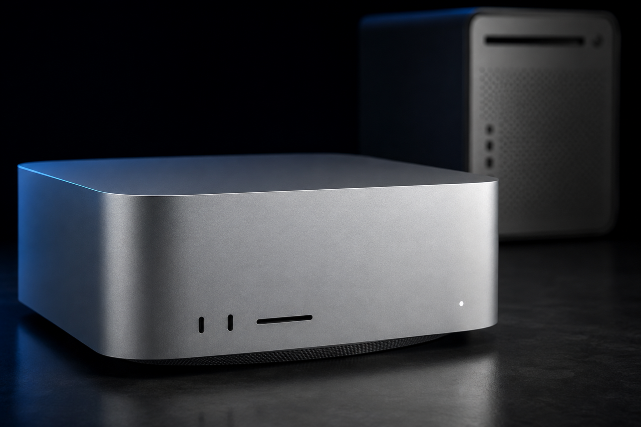 A powerful aluminum Mac Studio desktop cube on a dark studio surface with cool blue rim light, a second older unit dim in the background