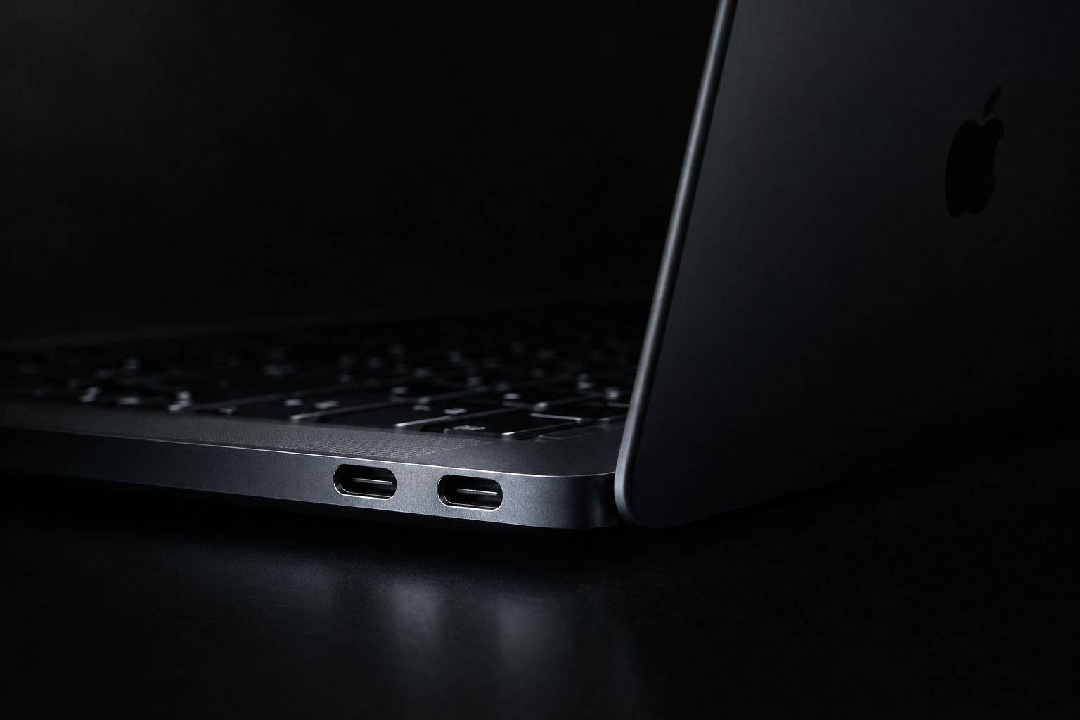 Close-up of the side of an aluminum laptop showing two USB-C ports against a soft gray background