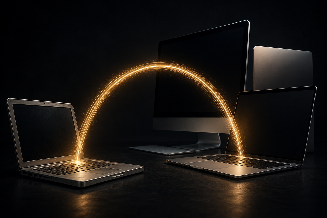 A dim older MacBook fading into darkness while a glowing golden bridge-arc of light rises toward brighter modern machines