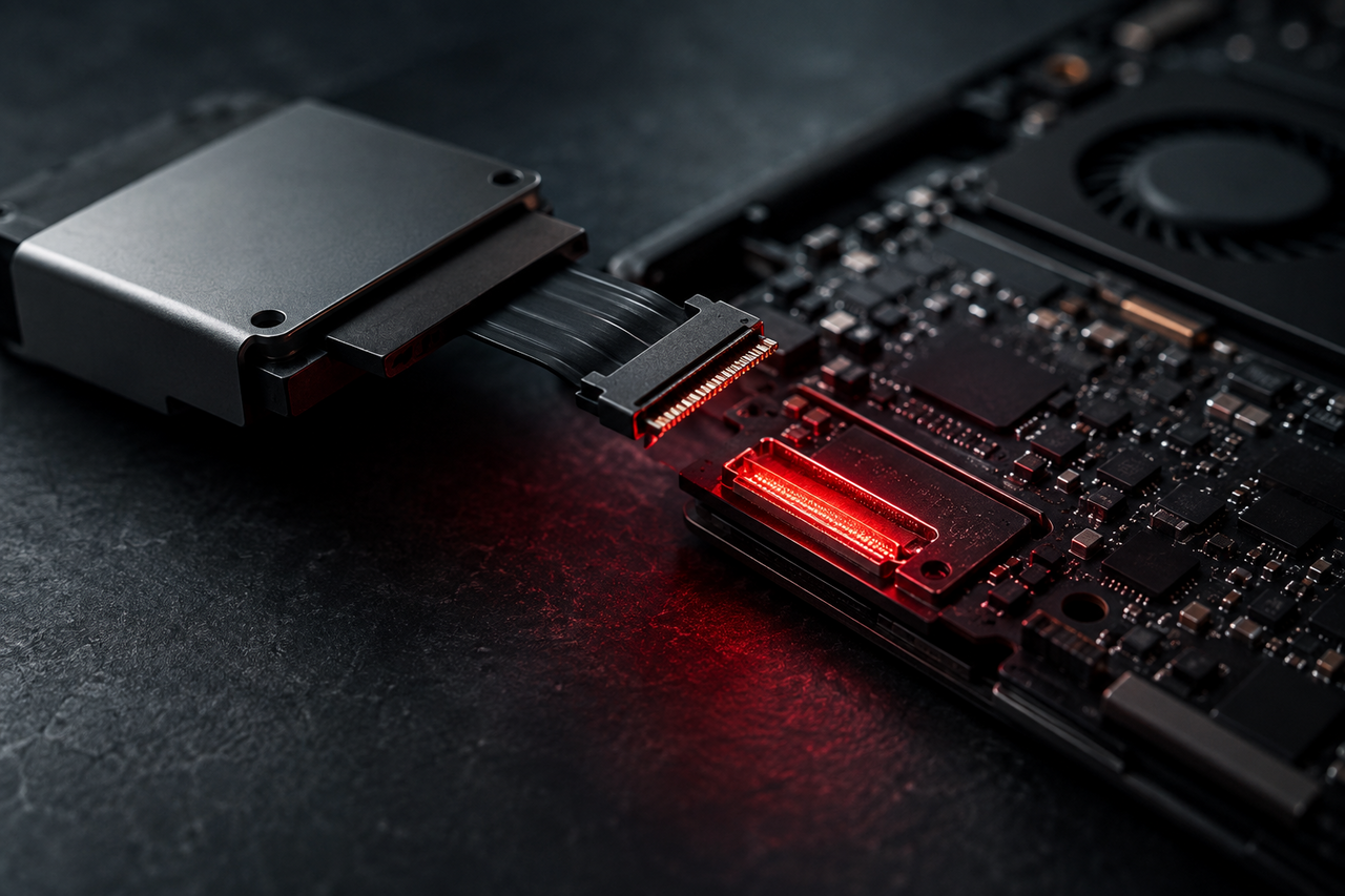 A MacBook component disconnected on a dark bench with a glowing red warning aura where it meets the board