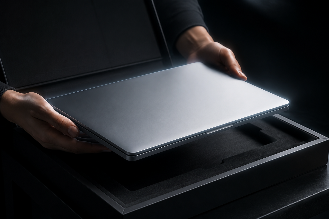 A pristine refurbished MacBook being lifted from a dark padded box with a soft halo of light around it