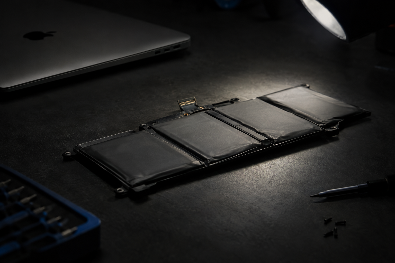 Close-up of a laptop battery pack being lifted from an aluminum laptop chassis on a gray background