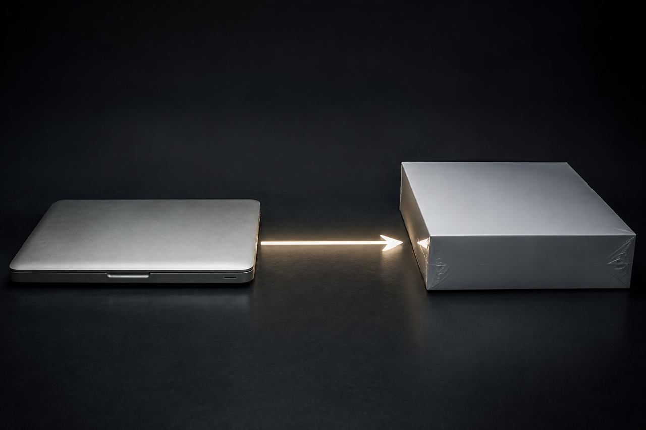 An older MacBook and a sealed new laptop box on a dark surface separated by a glowing timeline arrow of light