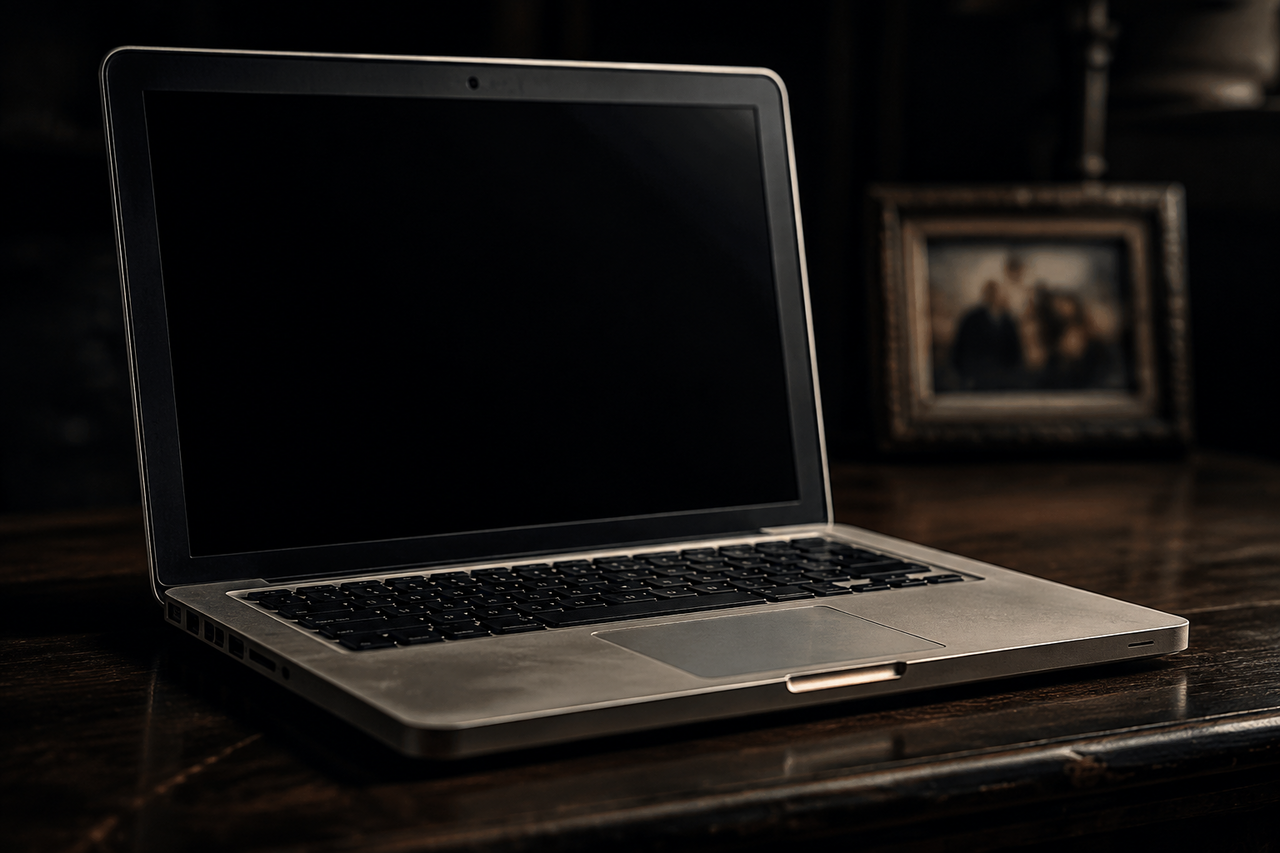 A single older MacBook resting on a dark wooden surface under warm gentle light with a blurred photo frame behind it