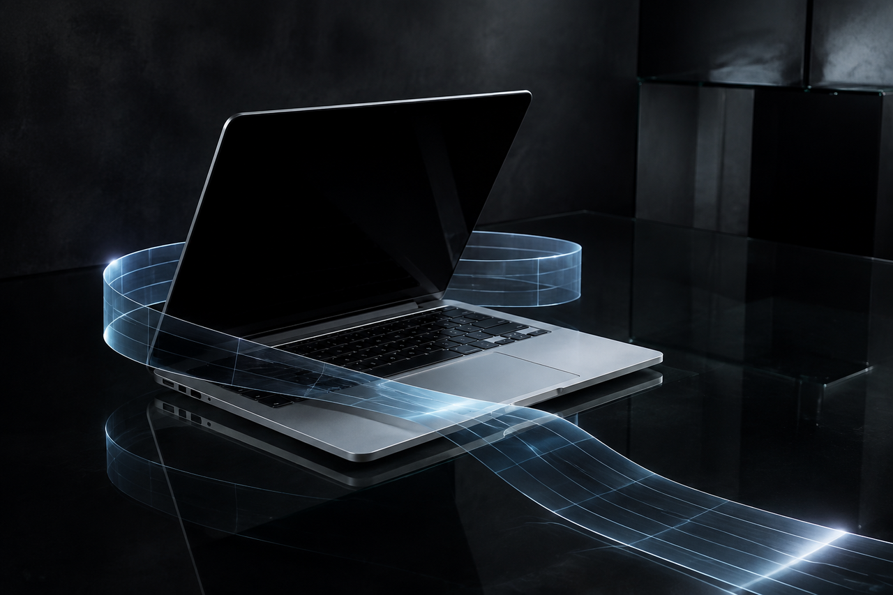 A MacBook on dark glass partly wrapped in a faint glowing ledger ribbon of light