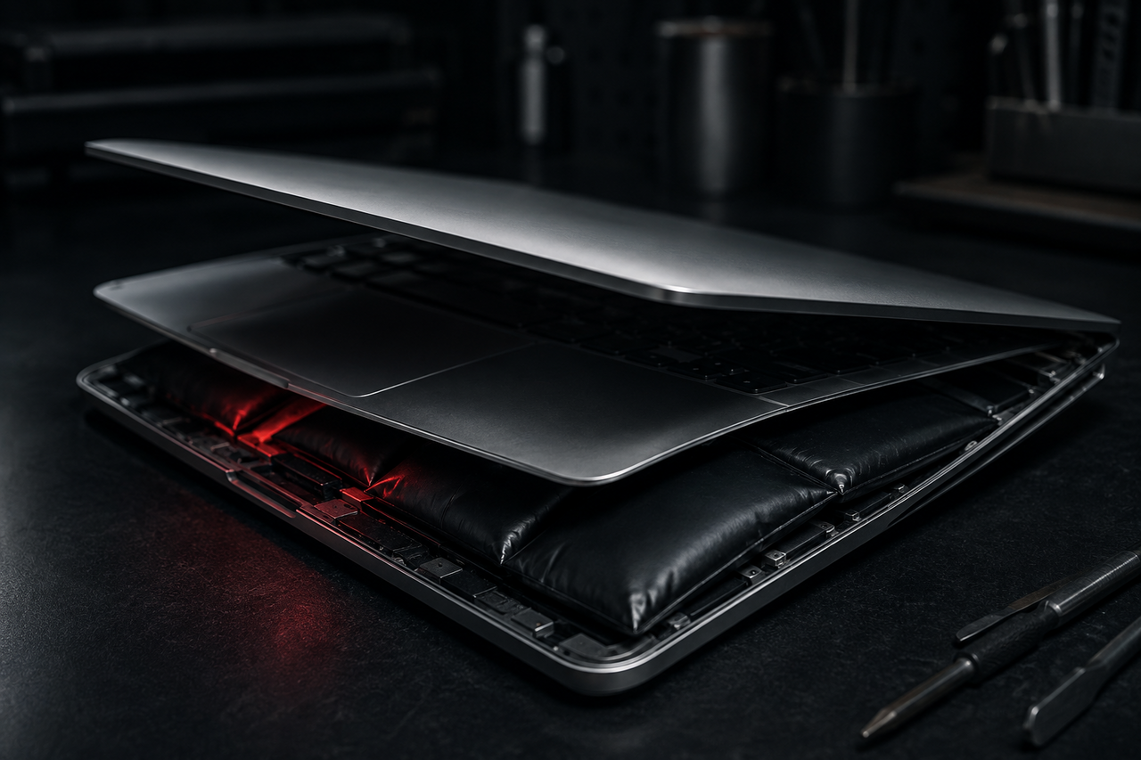 Studio photo of an opened laptop showing a swollen bulging battery pouch inside the aluminum case