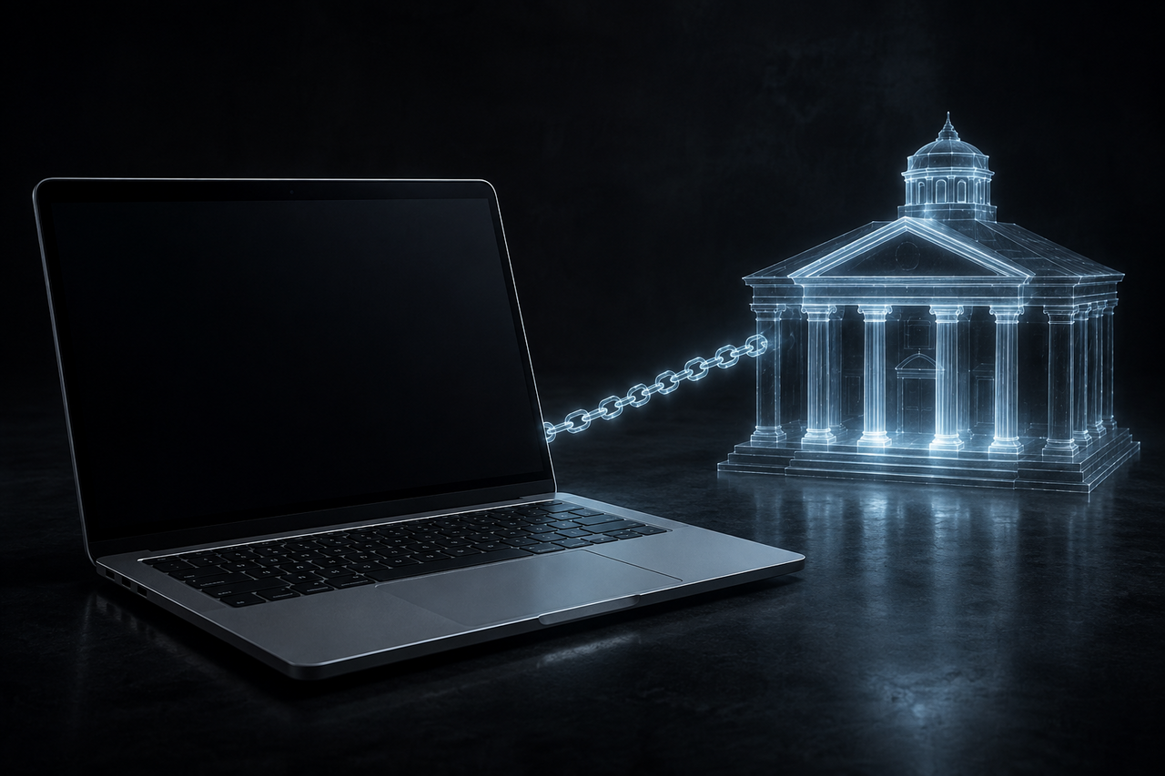 A MacBook on a dark surface tethered by a faint glowing chain of light to a small institutional building of light