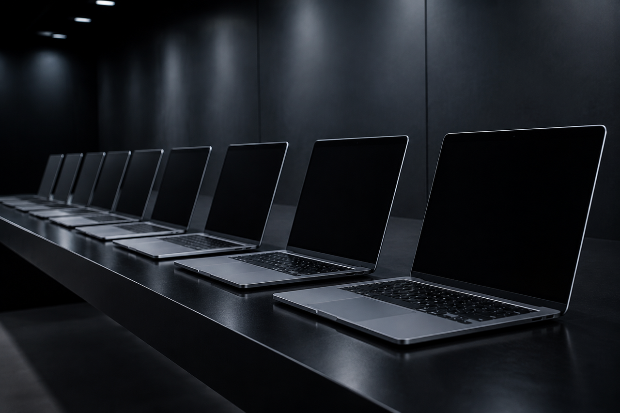A neat dark row of several identical MacBooks on a long table under cool light