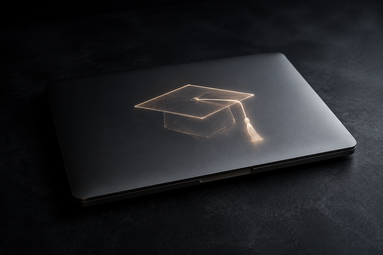 A MacBook on a dark surface with a faint glowing graduation cap of light resting on its lid