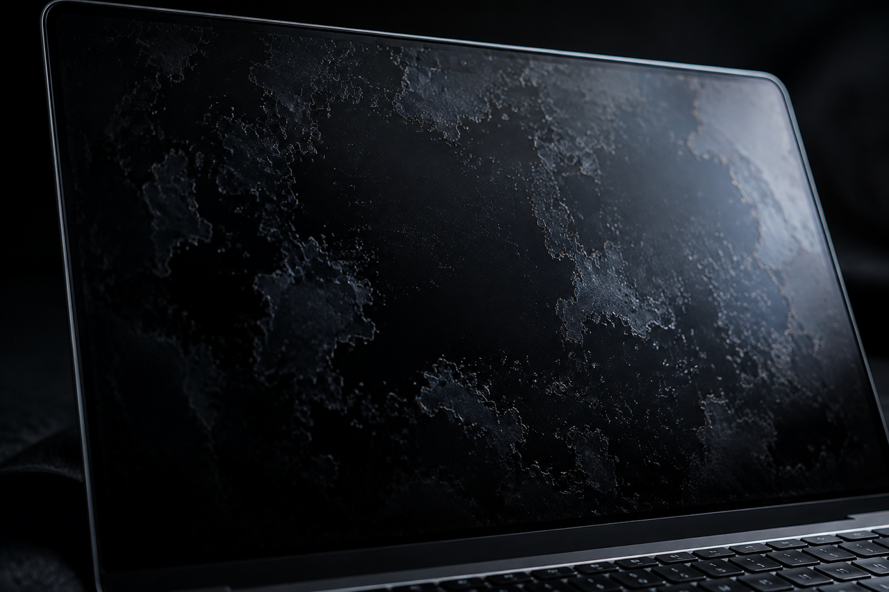 A close-up of a MacBook screen in raking dark light showing blotchy peeling anti-reflective coating stains across the glass