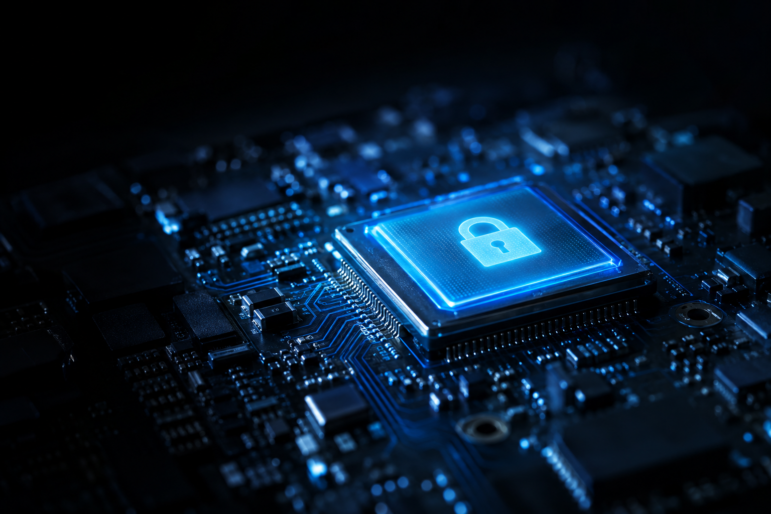 Close-up of a computer chip on a dark reflective surface with subtle cool lighting suggesting security