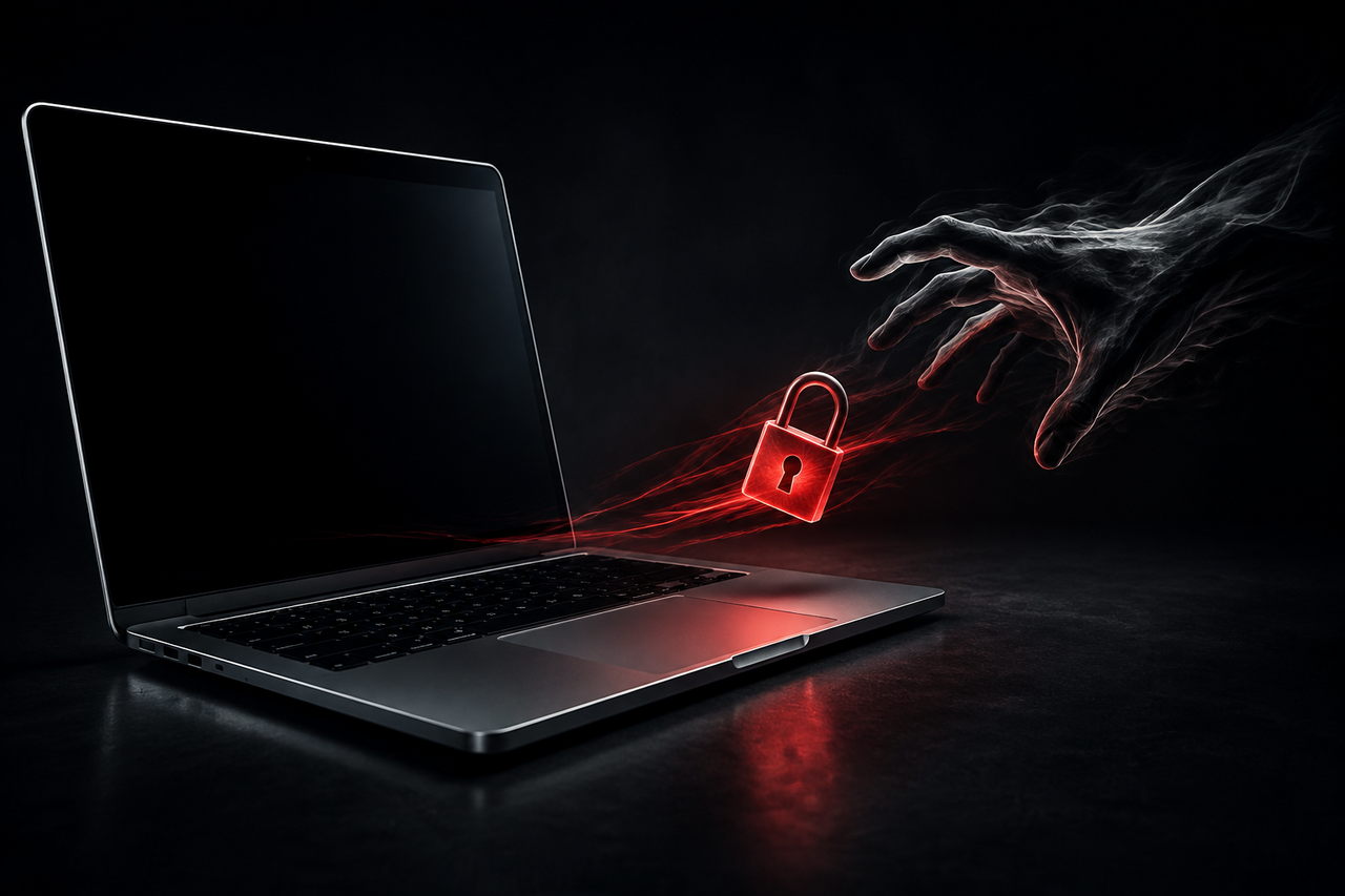 A MacBook with a red glowing padlock being pulled toward a shadowy hand of light