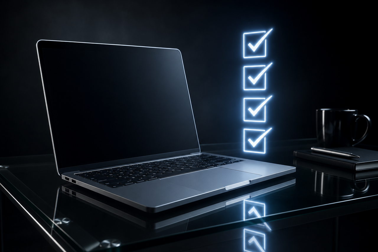 A MacBook on dark glass with a glowing floating checklist of light ticking off beside it