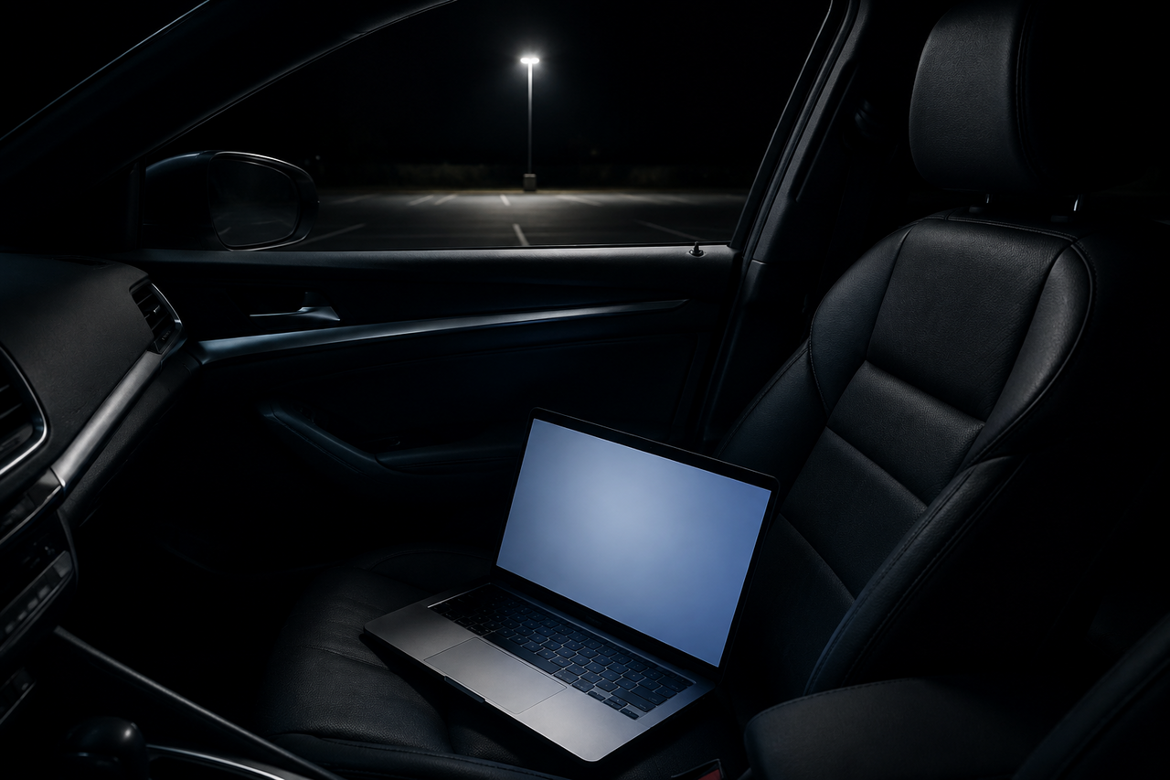 A lone MacBook glowing on the passenger seat of a car at night in an empty dark parking lot, one distant streetlight, tense cinematic…
