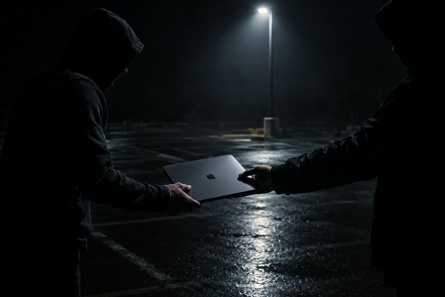 A closed laptop beside a stack of cash on a dim outdoor surface at dusk