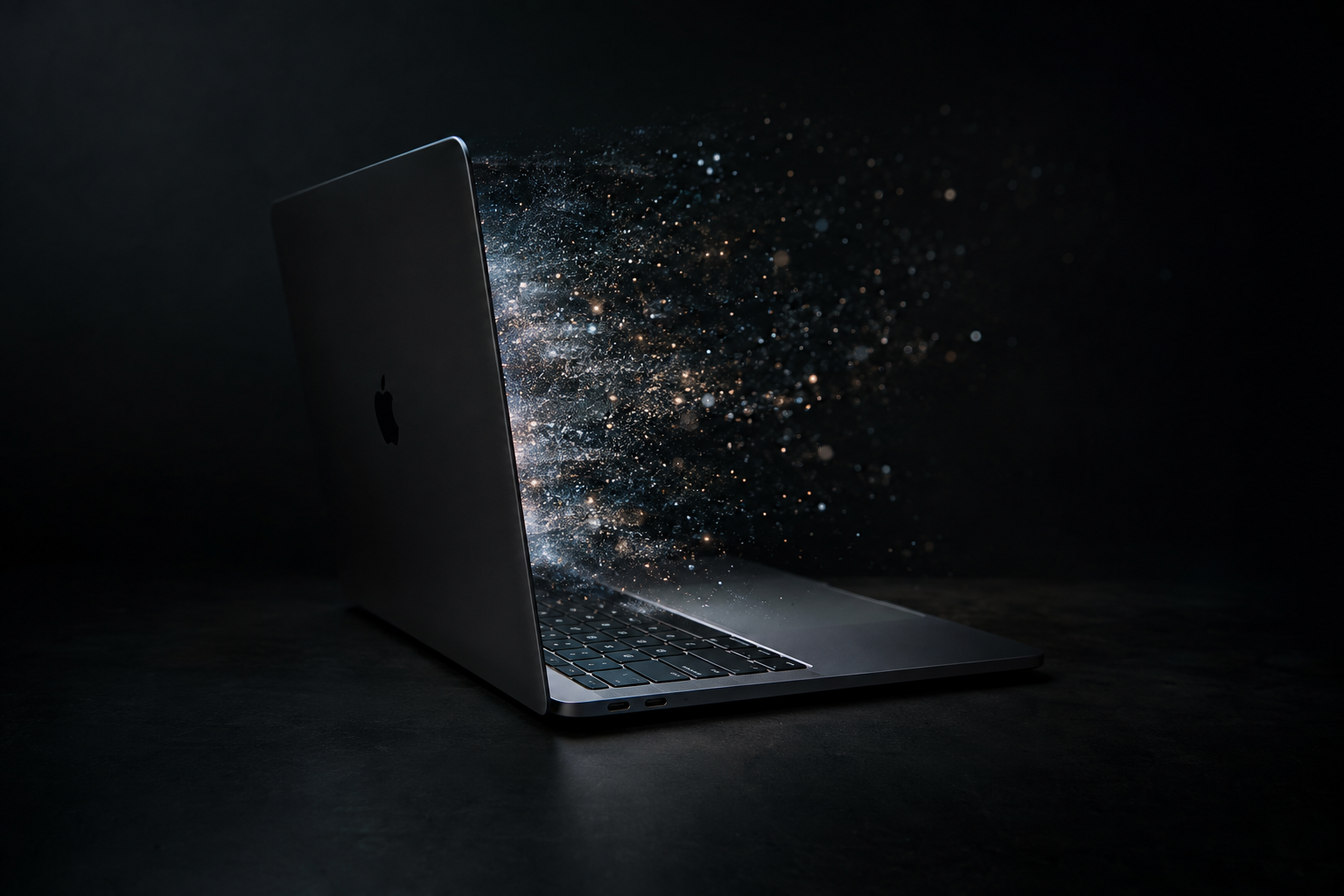 Extreme close-up of a laptop logic board with a small dark chip in focus under cool lighting