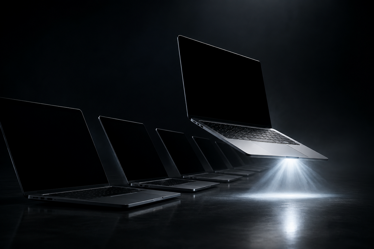 Several MacBooks in a dark lineup with one lifting forward on a beam of light
