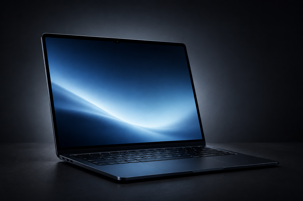 A slim closed aluminum laptop on a soft cool-gray gradient with a faint light-blue reflection along one edge