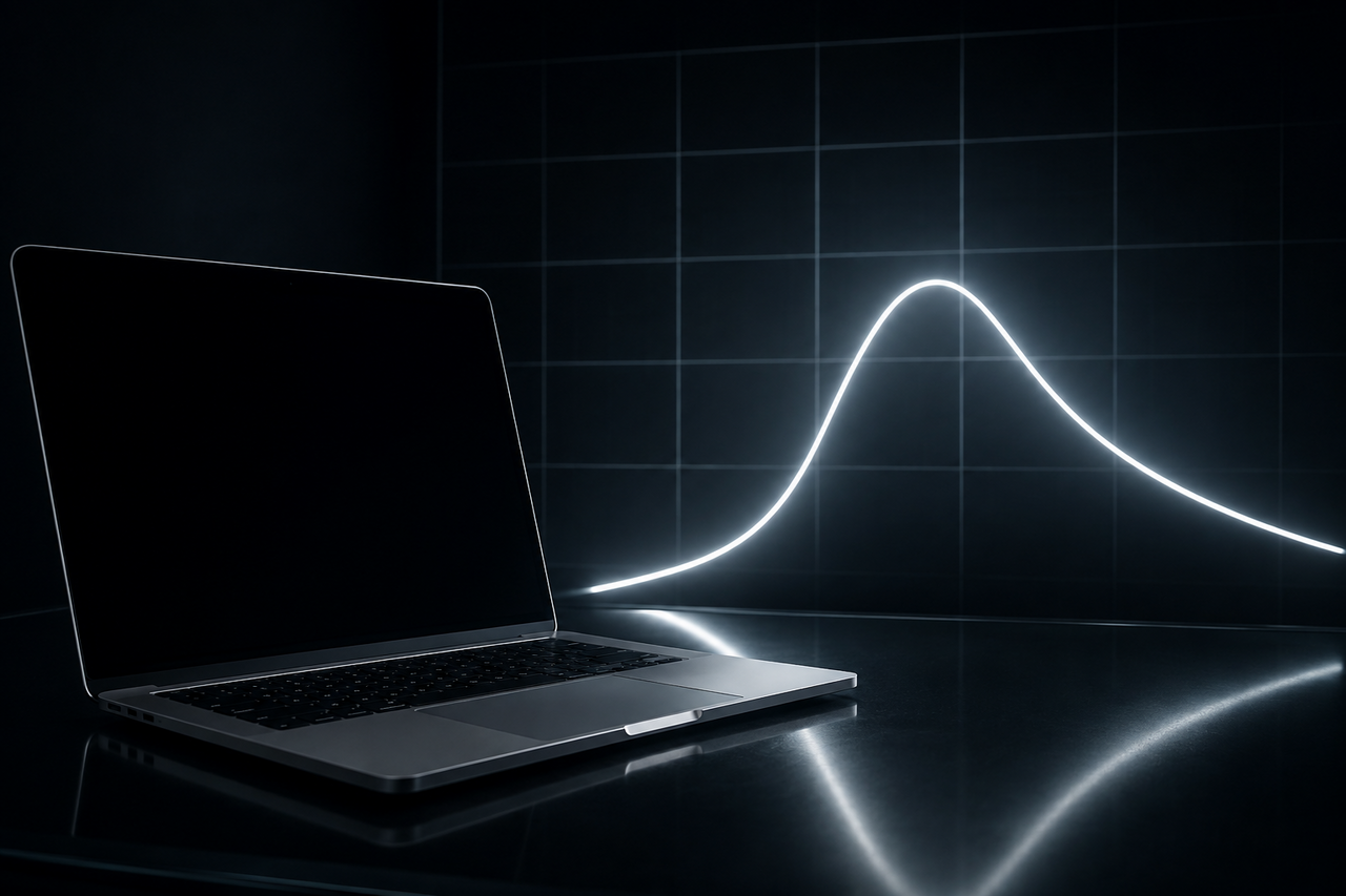 A MacBook on dark glass beside a glowing line-graph of light that peaks then slowly bends downward, faint calendar of light in the…